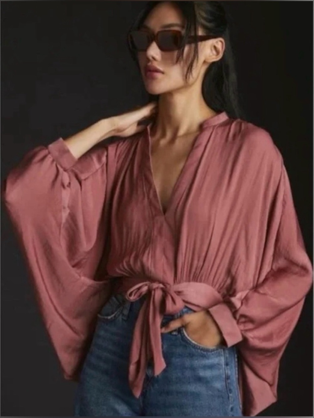 Anthropologie Balloon Sleeve Front Tie Detail Mauve Satin Oversized Blouse XXS